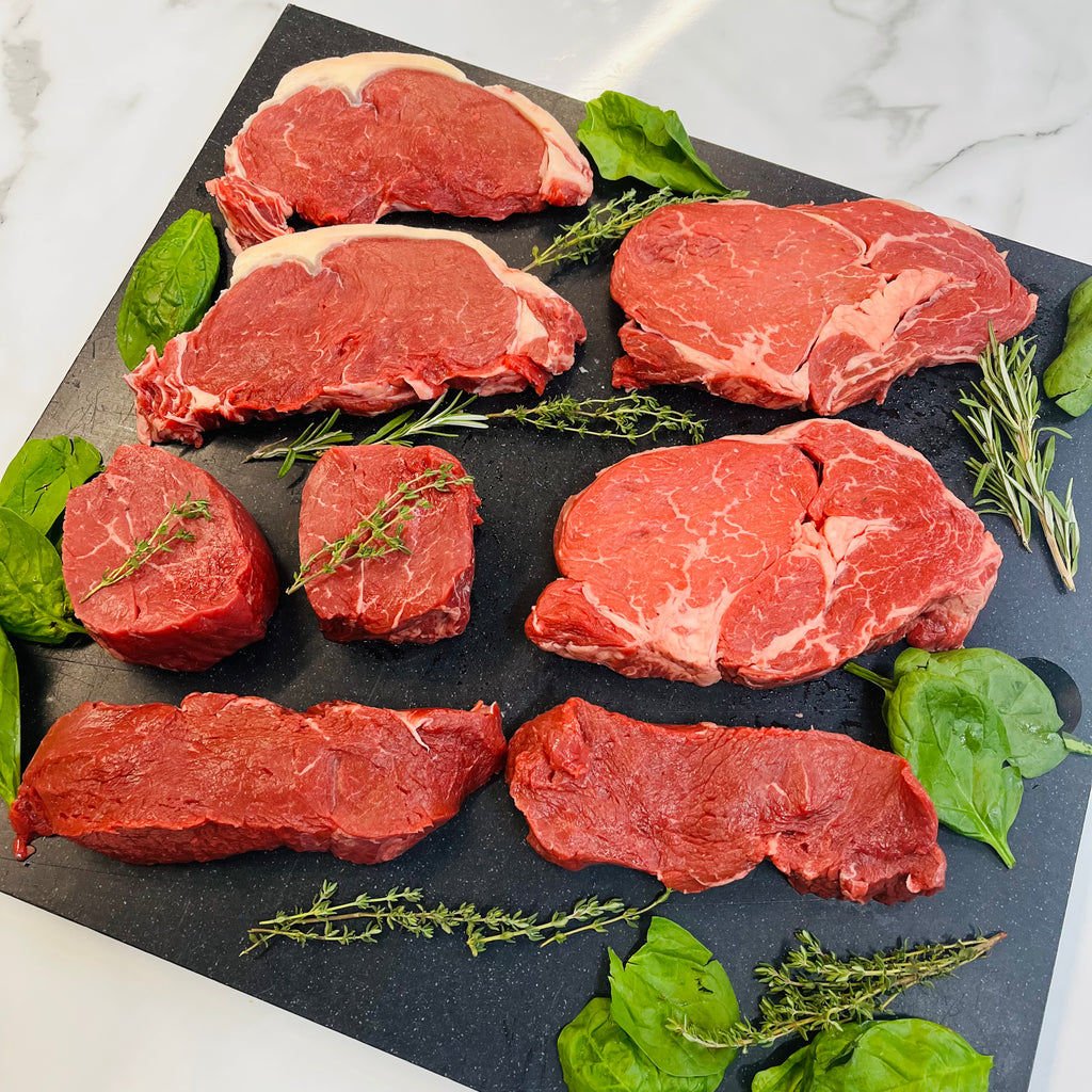 Steak selection with rosemary and spinach